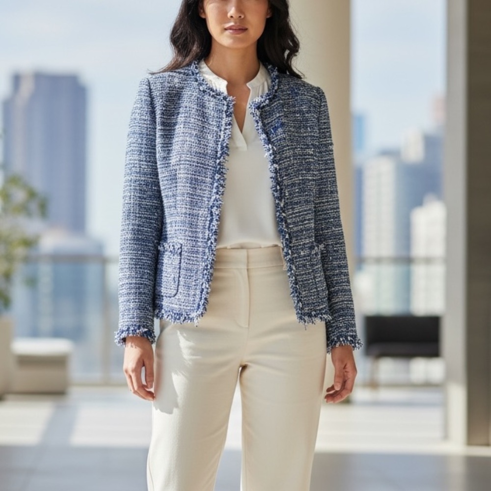 Sandro Blue Fringe Tweed Distressed Blazer Jacket Size XS